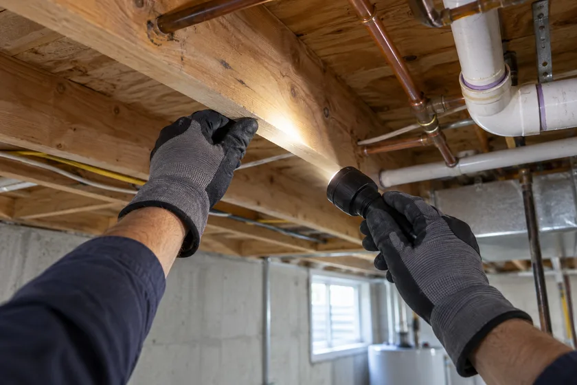 Inspection of exposed basement framing and plumbing