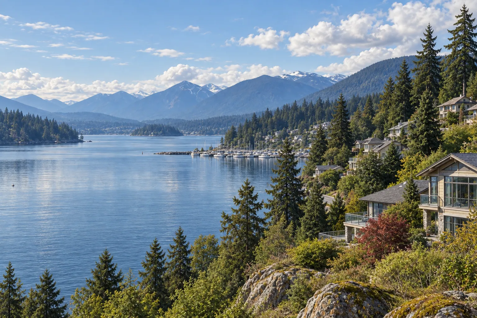 Photorealistic scene inspired by Port Moody, British Columbia