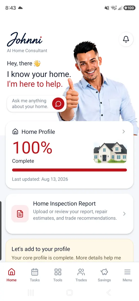 Johnni personalized home dashboard in the Inspect Canada app