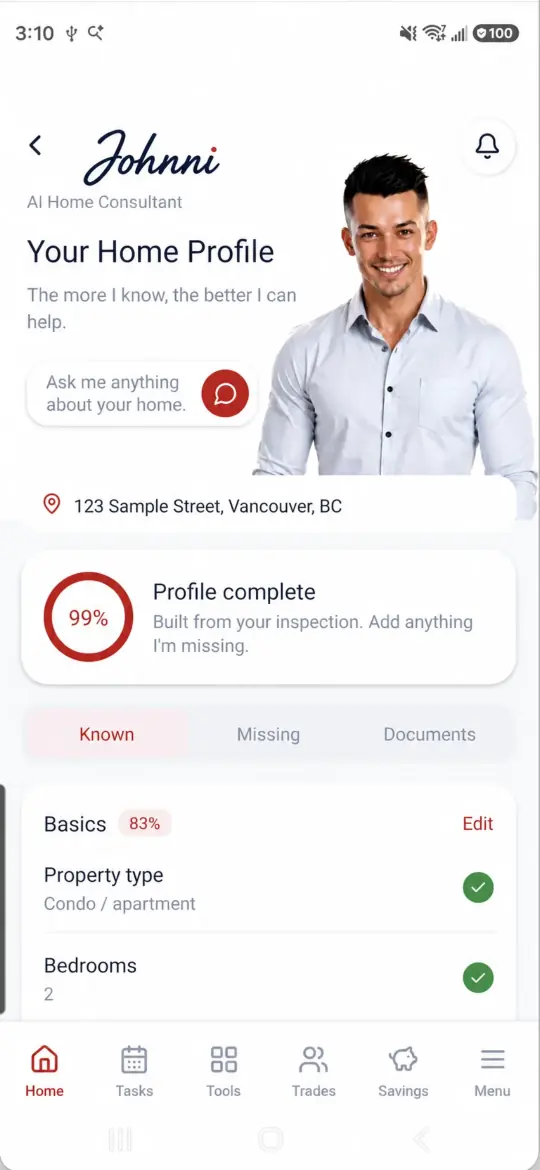 Johnni Home Profile showing property details built from a home inspection