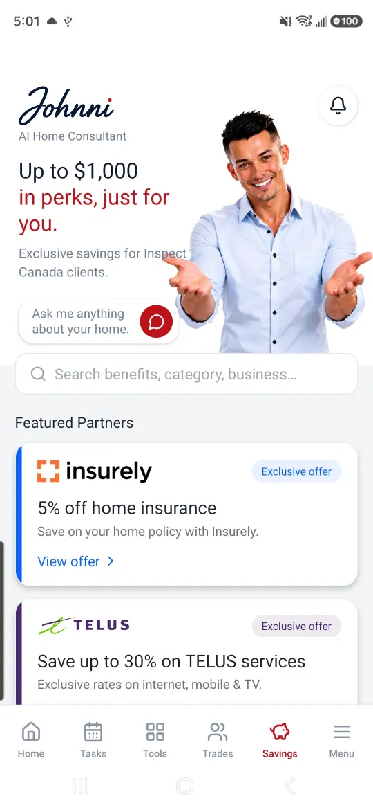 Johnni Savings page showing available homeowner benefits