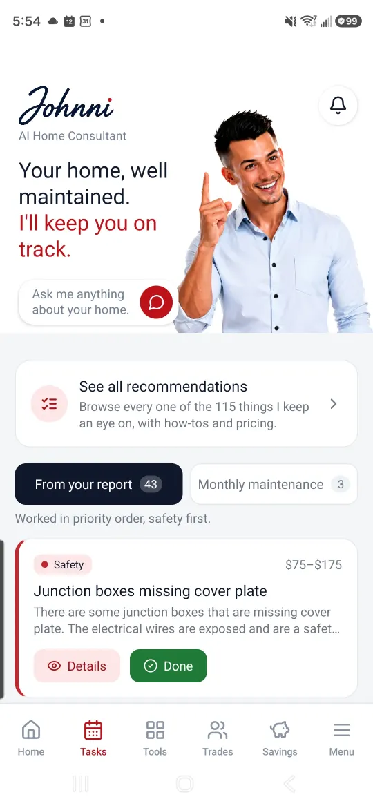 Johnni Tasks page showing inspection findings and monthly home maintenance