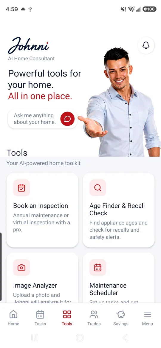 Johnni Tools page showing repair guidance, Age Finder and photo analysis