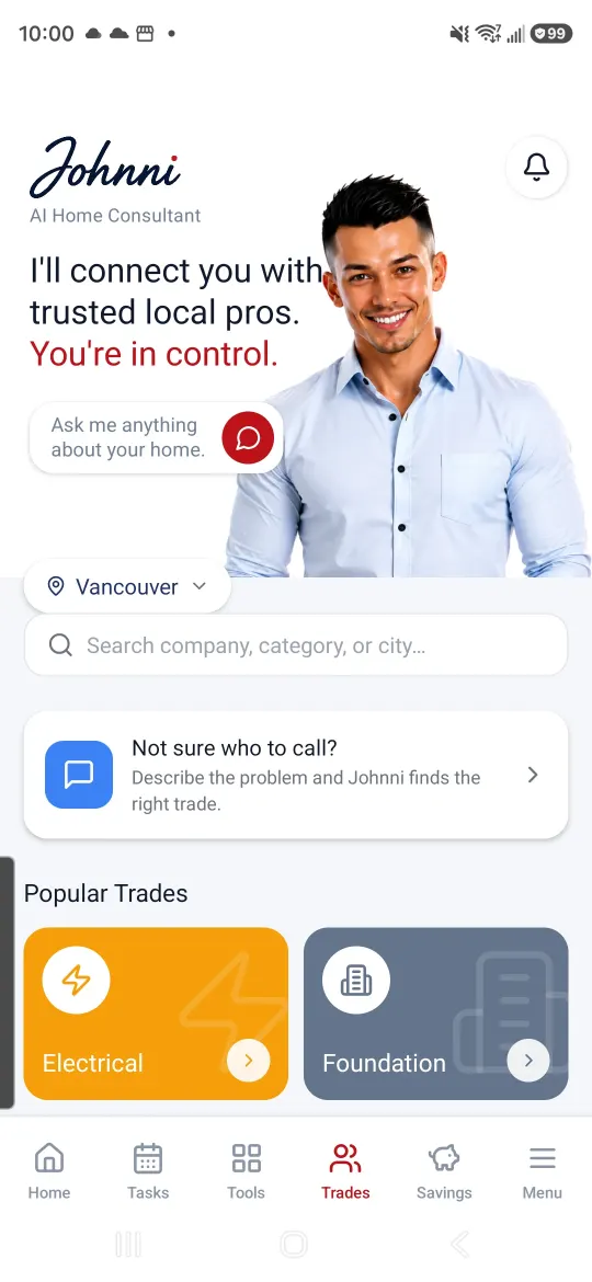Johnni Trades page showing local home service professionals and trade categories