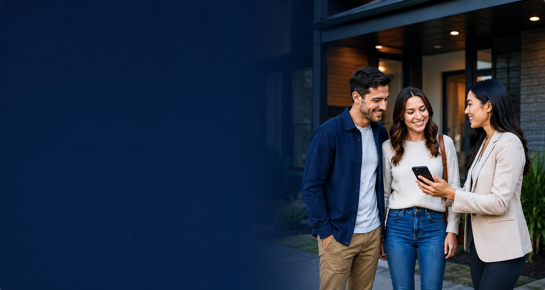 A real-estate agent showing the app to clients outside a home