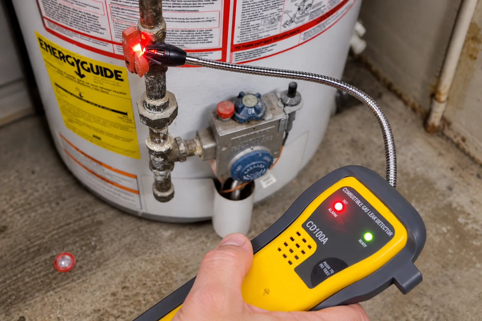 Inspector testing gas piping for a leak