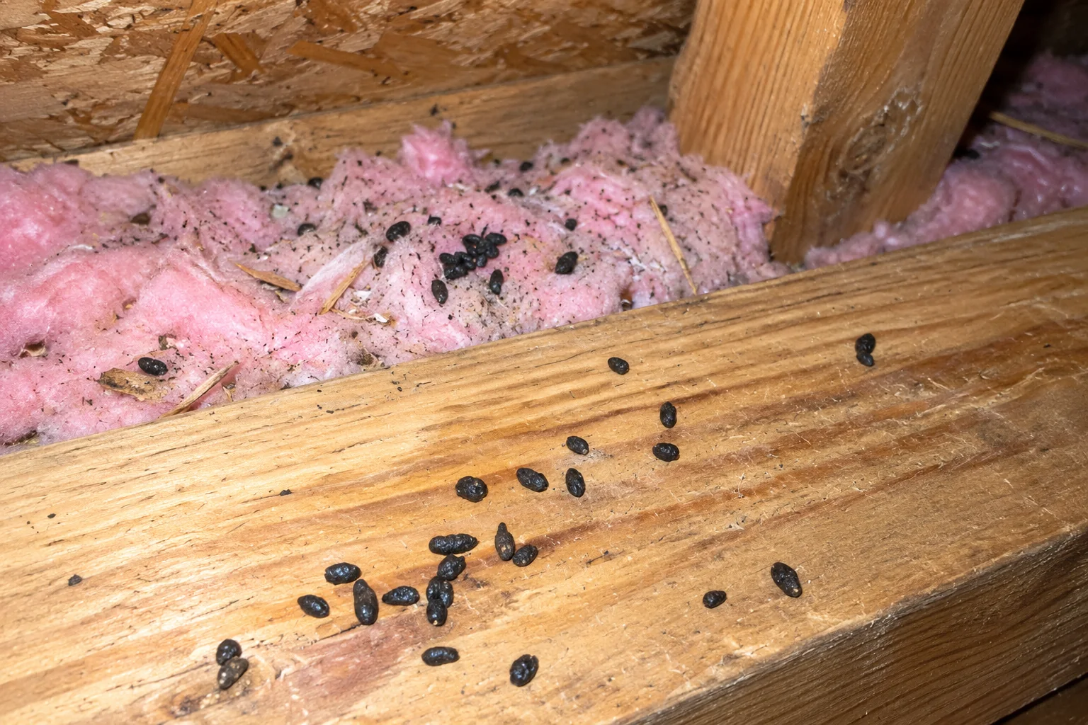 Evidence of rodent activity in attic insulation