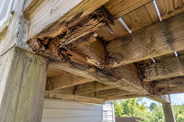 Severe wood rot in a deck structural connection
